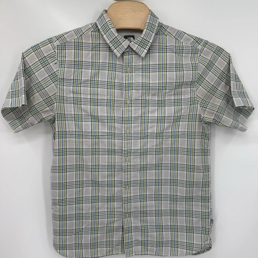 The North Face Shirt Mens S White Green Plaid Short Sleeve Hiking Button Down